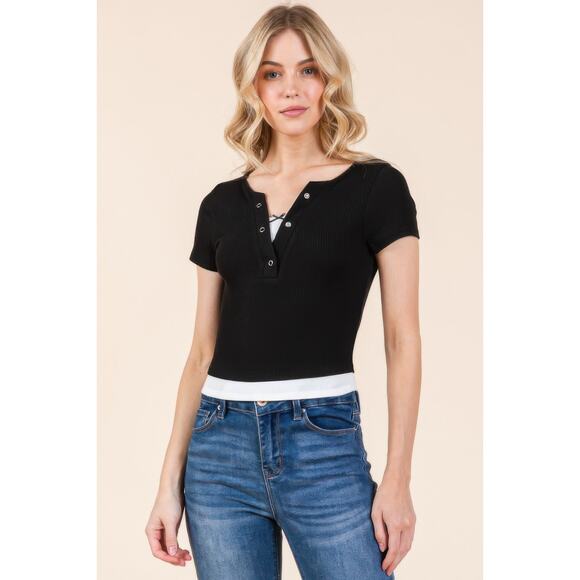 HackleBee | Black/Soft White Layers With Bow Detail Short Sleeve Top Size S,M,L - Picture 1 of 6